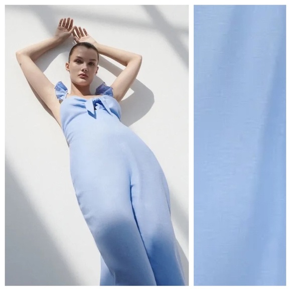 NWT. Zara Blue Linen/Cotton Blend Bow Jumpsuit. Size L. - Picture 1 of 6
